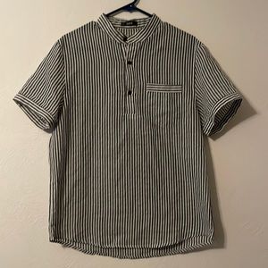 Shein Collarless Shirt, Striped, Black, White, Casual, Minimal, Button Up